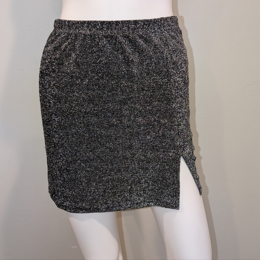 SHEIN Sparkly Silver Side Slit Elastic Waist Pull On Fun Mini Skirt Size Small